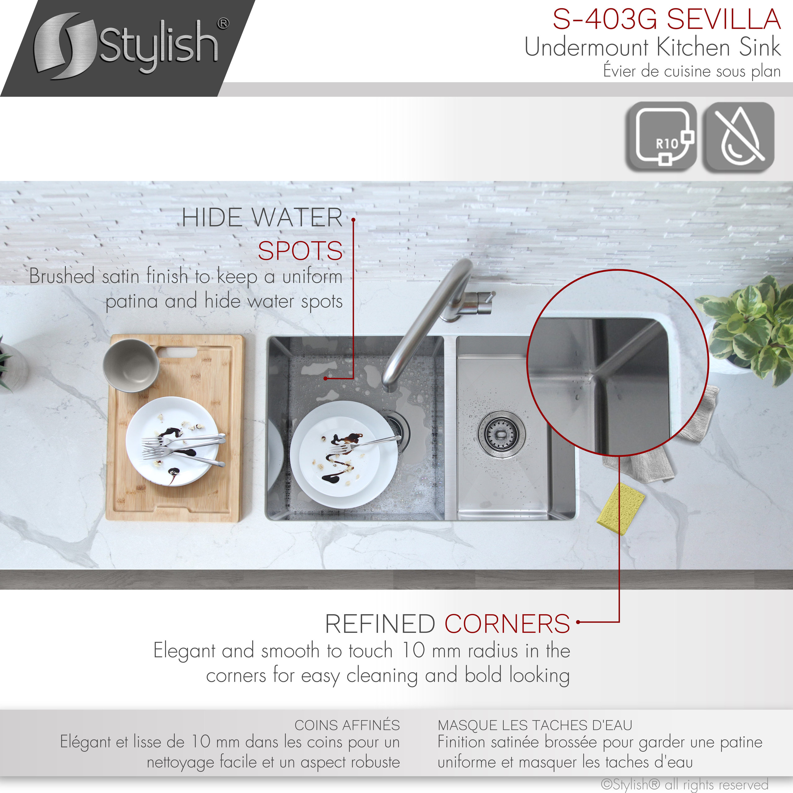 STYLISH 28" Double Bowl 60/40 Reversible Undermount Stainless Steel Kitchen SInk