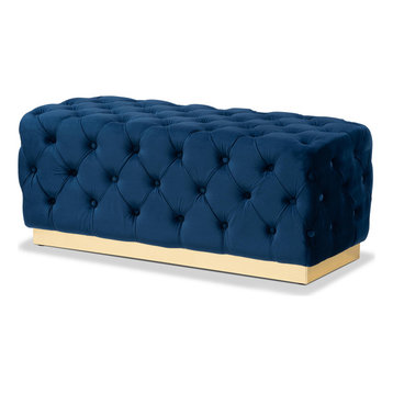 Corrine Glam and Luxe Navy Blue Velvet Upholstered and Gold PU Leather Ottoman