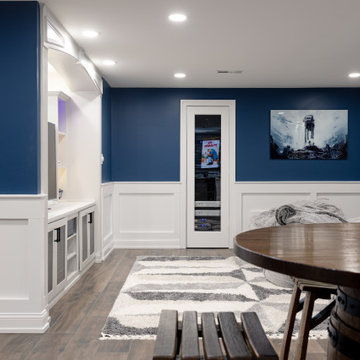 Finished Basement – Custom Media Built-In – Navy Blue Accents