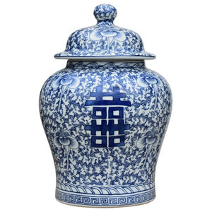 Blue and White Hexagonal Landscape Porcelain Temple Jar 16" 