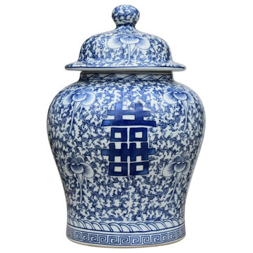 Blue and White Porcelain Double Happiness Chinoiserie Temple Jar 13.5"