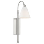 Savoy House - Rutland 1-Light Sconce, Satin Nickel - Sleek and contemporary! The Rutland wall sconce has fine, understated details and a fresh, polished appearance. it's an impeccable choice for great design and soft light along the walls, especially with modern, farmhouse, or transitional decor. The rectangular wall plate, long vertical tail, and graceful curved light arm, have a high quality, satin nickel finish. And the conical shade is made of crisp white fabric, enclosing one 60W, E-style bulb. The sconce measures 6" wide, 24.5" high, and extends 11.5" from the wall "ideal to place singly, in pairs, or in groups. it's chic, modern style for your dining area, living room, entryway, family room, kitchen, bedroom, bathroom, hallway, office, or great room.