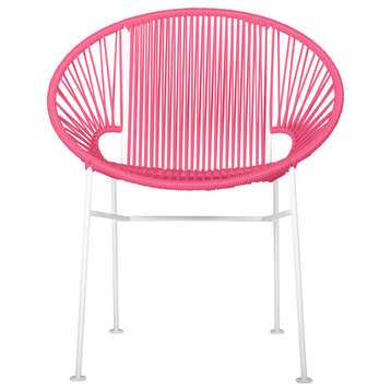Concha Indoor/Outdoor Handmade Dining Chair, Pink Weave, White Frame