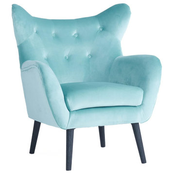 Mid Century Armchair, Curved Wingback Design With Velvet Padded Seat, Light Blue