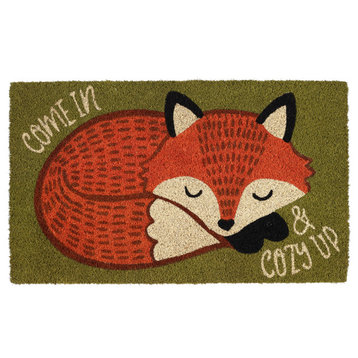 DII 30x18" Modern Coir Fabric Cozy Fox Design Doormat in Green/Orange