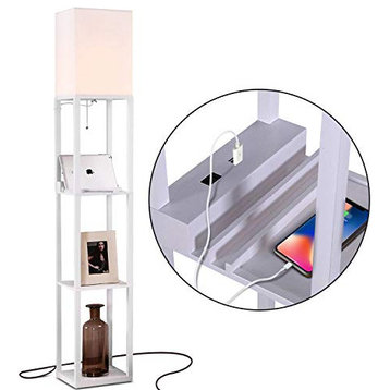 Brightech Maxwell Charger - Shelf Floor Lamp with USB Charging and Outlet LED, Orchid White