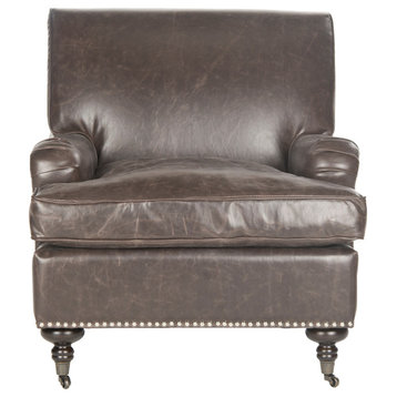 Chloe Club Chair, Antique Brown, Espresso, Silver, Leather, With Nail Head