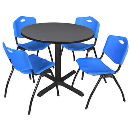 Cain 42" Round Breakroom Table, Gray and 4 'M' Stack Chairs, Blue