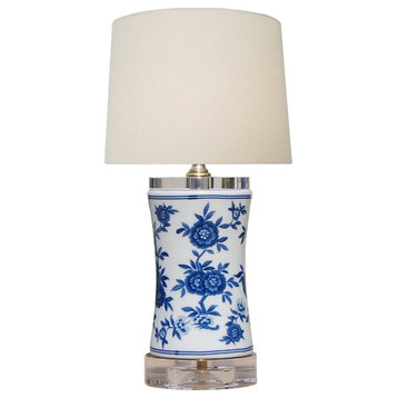 Blue and White Floral Porcelain Lamp, 14.5"
