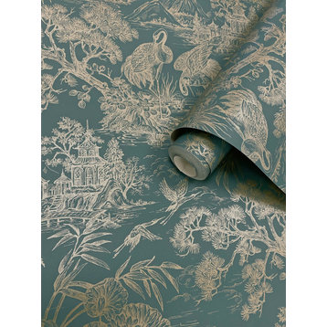 Majestic Crane Tropical Print Textured Wallpaper 57 Sq. Ft., Aqua Gold, Double Roll