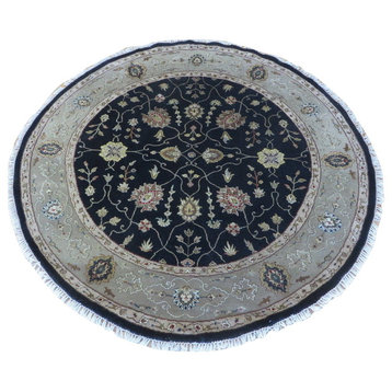 6'3 X 6'3 Round Handmade Black Persian Tabriz With Silk Oriental Rug