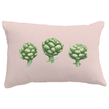 Artichoke Floral Print Throw Pillow With Linen Texture, Pale Pink, 14"x20"