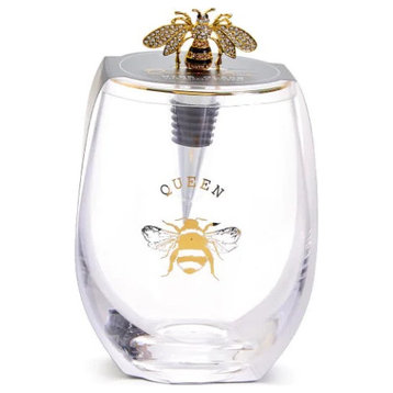 Two's Company Queen Bee Stemless Wine Glass w/ Jeweled Bee Wine Stopper
