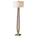 Uttermost - Midcentury Curved Wood Floor Lamp, Retro Bronze Vintage Style - Solid wood supports finished in a burnished honey stain, accented with plated, brushed coffee bronze iron details. The round hardback drum shade is a light beige linen fabric with natural slubbing.