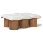 Meridian Furniture - Pavilion Black Boucle Fabric Bench, Cream, Walnut Brown Finish, 46.5" W X 36" D X 17.5" H - Bring valuable seating and remarkable style to your space with this cream Pavilion boucle fabric bench, an exquisite balance of style and usability for the entryway, bedroom, and beyond. Crafted from oak veneer with a walnut brown finish, this bench has a 4-inch-thick seat cushion that's channel-tufted for a touch of luxury. The bench's columnar bases add a dash of art deco design, making it a captivating focal point in any room.