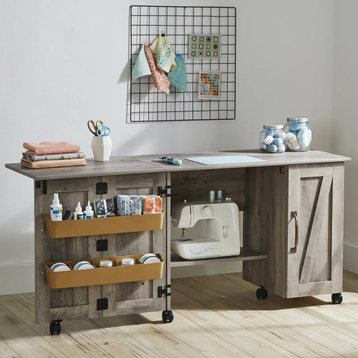 Farmhouse Folding Sewing Table, Rolling Design With Ample Storage, Rustic Gray