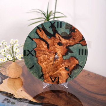 Epoxy Resin Art Furniture -- Walnut Turquoise Epoxy Resin Wall Clock
