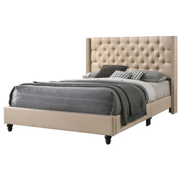 Julie Beige Tufted Upholstered Low Profile Queen Panel Bed