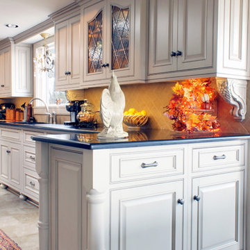 Custom Cream French Country Kitchen with Blue Hutch
