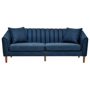 Susan Contemporary Fabric 3 Seater Sofa, Navy Blue + Dark Walnut