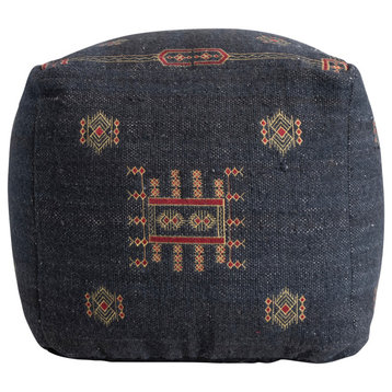 Global Cotton Tufted Pouf Ottoman with Geometric Embroidery, Navy