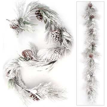 Pine Christmas Garland 6'x14" With Huge Cones, Lush Snow And Thick Pine Tips