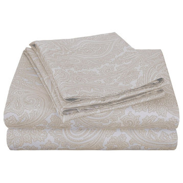 Cotton Blend Paisley Deep Pocket  Fitted Sheet, White, King