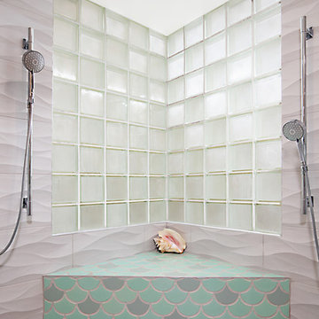Playful Hand Painted Fish Scale Tile on Shower Bench