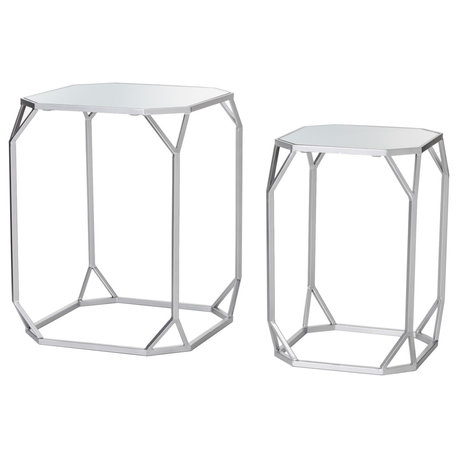 Metal WithGlass Accent Table, Set of 2, Silver