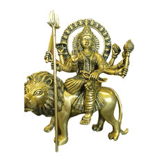 Mogul Interior - Brass Sculpture Statue Durga Seated on a Lion Hindu Goddess of Power Altar Yoga - Decorative Objects and Figurines