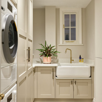 Green Shaker Kitchen, Cream Bar area, Utility and Walk in Wardrobe