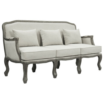 Acme Tania Sofa With 3 Pillows Cream Linen and Brown Finish