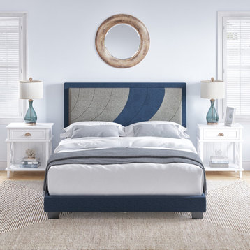 Contemporary Platform Bed, Unique Patterned Linen Headboard, Blue/Gray, Full