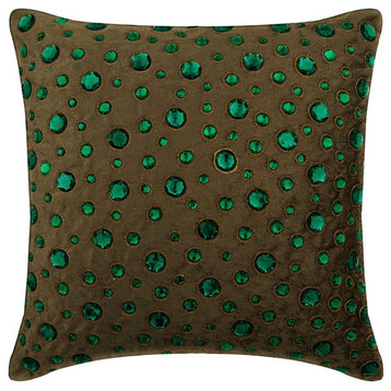 Beige 24"x24" Pillow Cover, Leather & Suede, Circles & Dots, Green Gems