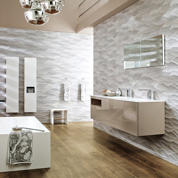 Dramatic Contemporary Space Maximizing Bathroom with 3D Feature Wall Tiles from