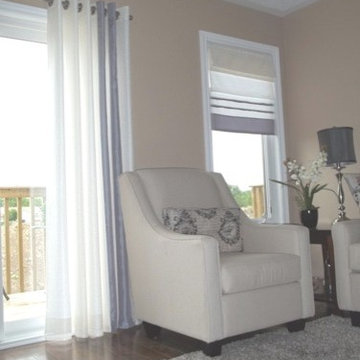 Grommet Panels and Roman Shade with Accent Stripes