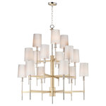 Maxim - Uptown 15 Light Chandelier - Elongated tails and candle sticks create effortless sophistication in the Uptown series. The slender candles of Polished Nickel contrast the stout supporting arms finished in a soft Satin Brass. Tall Off-White fabric shades complement the updated classic design. The simplicity of this design allows it to pair with various traditional to contemporary stylings and many color themes.
