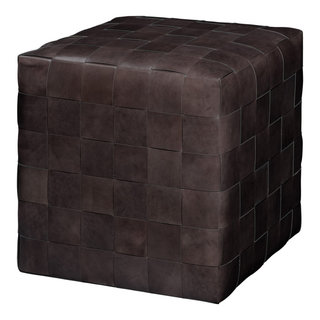 Woven Leather Ottoman Dark Grey Contemporary Footstools And