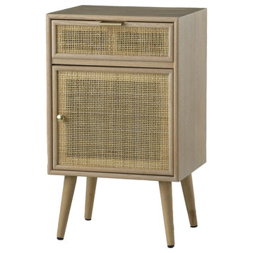 Benzara BM285208 Accent Cabinet, 1 Drawer, Pine, Woven Rattan Design, Natural