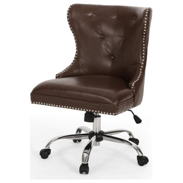 Office Chair, Chrome Base and Button Tufted Back With Nailhead Trim, Dark Brown