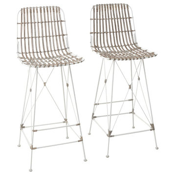 2 Pack Bar Stool, Metal Frame With Crossed Accents and Wicker Seat, White/White