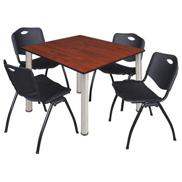 Kee 48" Square Breakroom Table- Cherry/ Chrome & 4 'M' Stack Chairs- Black