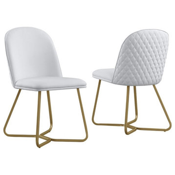 Quilted Back Side Chairs Set of 2 in White Faux Leather and Gold Base
