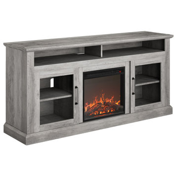 60" TV Stand Console With Shelves and 18" Fireplace, Grey Wash