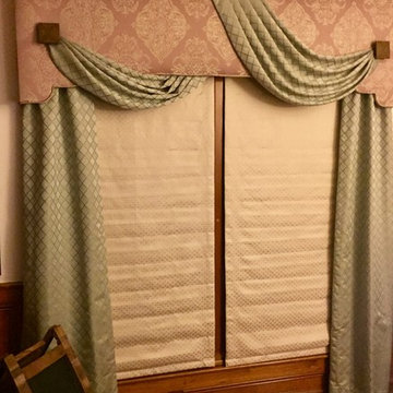 Cornice with Casual Swag, Panels & Remote Control Roman Shades - Westerville, Oh