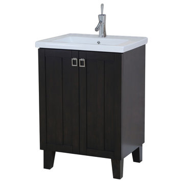24" Solid Wood Sink Vanity With Extra Thick Ceramic Basin, Dark Brown