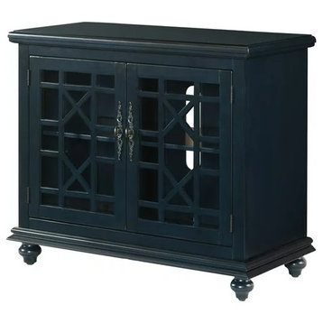 Traditional TV Stand, Bun Feet and Unique Trellis Accented Doors, Blue