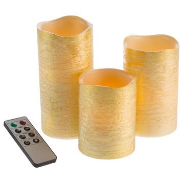 Gold Metallic Flameless LED Candles-Set of 3 Real Wax with Remote by Lavish Home