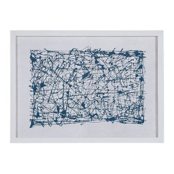 32 in. x 44 in. "Blue Networks" Framed Hand Painted Paper Under Glass Wall Art - Drawings And Illustrations