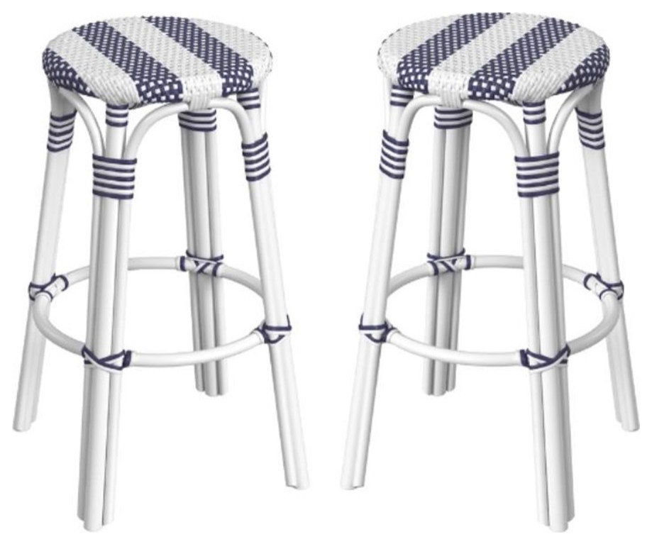 Home Square Designer's Edge Rattan Bar Stool in Blue & White - Set of 2 ...
